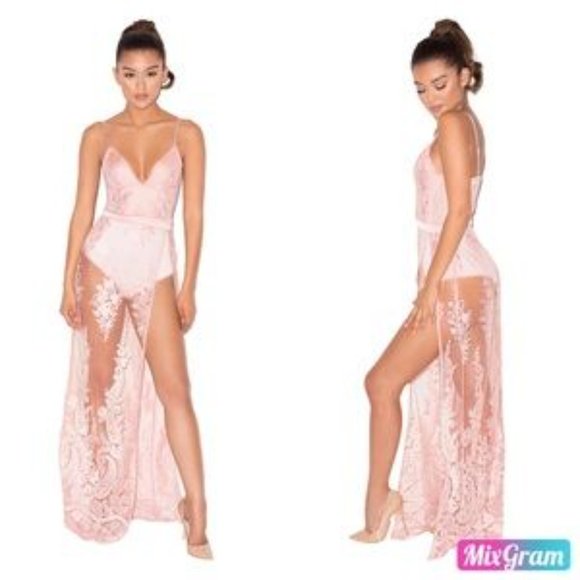 House of CB Lucia Dress Rose Sheer Lace/Bandage Maxi Dress - Picture 2 of 12